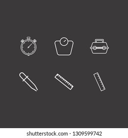 Outline 6 measure icon set. tool box, pipette, weight scale and ruler vector illustration