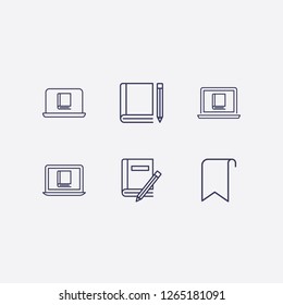 Outline 6 notebook icon set. bookmark, book and pencil and online reading vector illustration