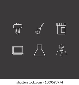 Outline 6 object icon set. medicine bottle, car shifter, broom and flask vector illustration