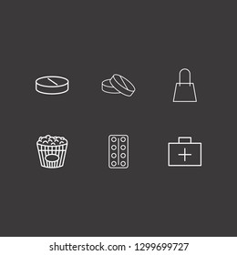 Outline 6 pack icon set. medical aid box, popcorn, shopping bag and drug vector illustration
