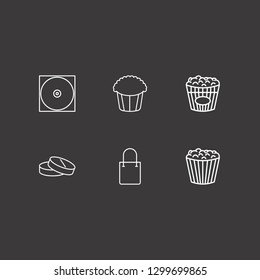 Outline 6 pack icon set. cd, drug, popcorn and shopping bag vector illustration