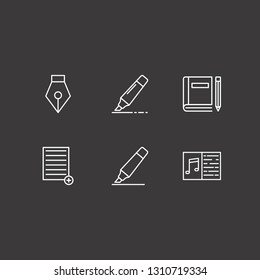 Outline 6 pencil icon set. marker, book and pencil, pen tool and melody notebook vector illustration