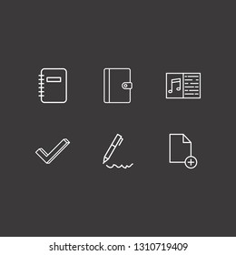 Outline 6 pencil icon set. pen, notebook, melody notebook and document add vector illustration