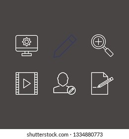 Outline 6 photography icon set. monitor setting, edit user, film strip and edit document vector illustration