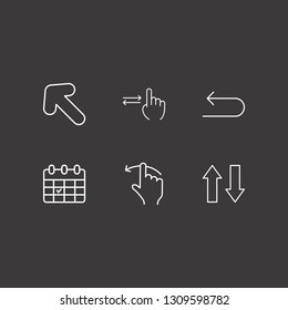 Outline 6 pointing icon set. arrow, calendar check and finger swipe vector illustration