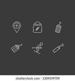 Outline 6 powder icon set. dynamite, skiing, add location and flour vector illustration