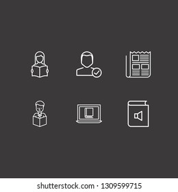 Outline 6 reading icon set. reading a book, book sound, read the book and online book reading vector illustration