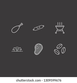 Outline 6 roast icon set. coffee bean, chicken leg, barbecue and pork vector illustration