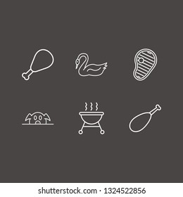 Outline 6 roast icon set. pork, barbecue, chicken leg and goose vector illustration