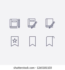 Outline 6 sheet icon set. book and pencil and bookmark vector illustration