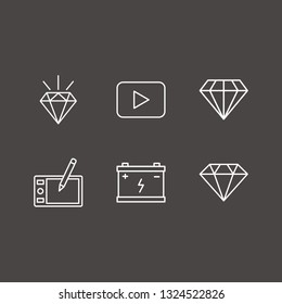 Outline 6 skill icon set. car battery, play, diamond and draw tablet vector illustration