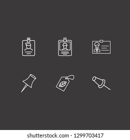 Outline 6 tag icon set. leaf tag, paper pin and id card vector illustration