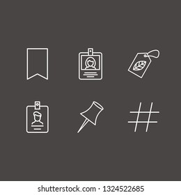 Outline 6 tag icon set. leaf tag, id card, hashtag and bookmark vector illustration