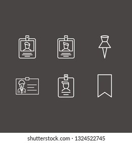 Outline 6 tag icon set. bookmark, id card and paper pin vector illustration