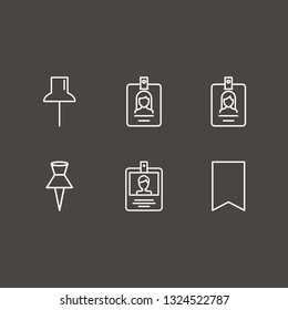 Outline 6 tag icon set. paper pin, bookmark and id card vector illustration