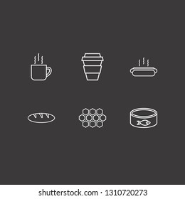 Outline 6 tasty icon set. hot dog, tea cup, coffee cup and honeycomb vector illustration