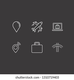 Outline 6 trip icon set. laptop with suitcase, road, location and airplane vector illustration