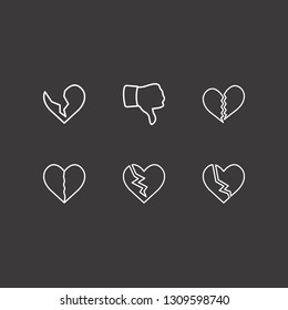 Outline 6 unhappy icon set. thumb down and broken heart vector illustration
