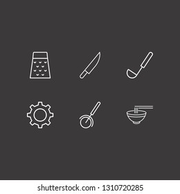 Outline 6 utensil icon set. setting, knife, ladle and grater vector illustration