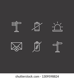 Outline 6 warning icon set. no battery, forbidden battery, alarm flasher and remove message vector illustration