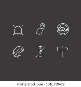 Outline 6 warning icon set. door tag, car crash, forbidden taxi and alarm flasher vector illustration