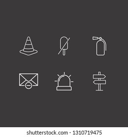 Outline 6 warning icon set. remove message, road sign, forbidden ice cream and fire extinguisher vector illustration