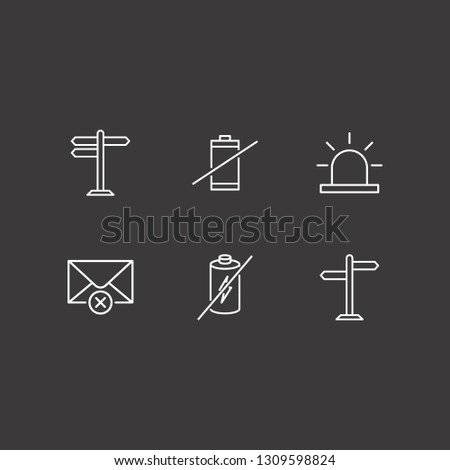 Outline 6 warning icon set. no battery, forbidden battery, alarm flasher and remove message vector illustration