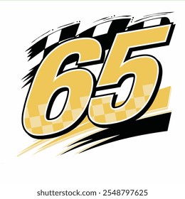 Outline 65 racing number, isolated in black background, for print, t-shirt and business elements.