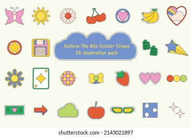Outline 70s 80s Sticker Shape Illustration Set