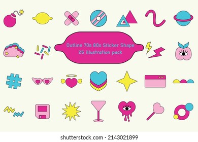 Outline 70s 80s Sticker Shape Illustration Set