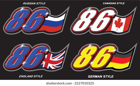 Outline 86 racing number, russian, Canadian, England, German isolated in black background, for print, t-shirt and business elements.