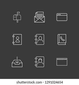 Outline 9 address icon set. download document box, telephone book, phone book and mail box vector illustration