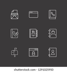 Outline 9 address icon set. browser with lock, phone book, browser and mail box vector illustration