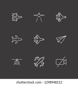 Outline 9 aircraft icon set. paper airplane, helicopter, airplane landing and forbidden video camera vector illustration