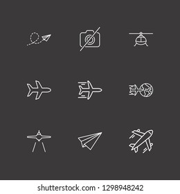 Outline 9 aircraft icon set. helicopter, airplane, airplane landing and paper airplane vector illustration