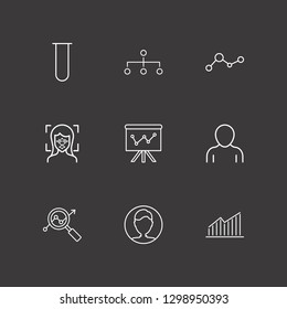 Outline 9 analysis icon set. test tube, facial recognition, chart and board in analytics vector illustration
