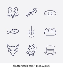Outline 9 animal icon set. elephant, dog food bowl, egg, magic hat, fox, turtle, fish and mouse vector illustration