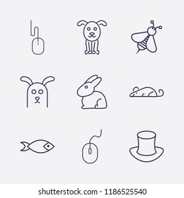 Outline 9 animal icon set. mouse, fish, rat, rabbit, bee, dog and magic hat vector illustration