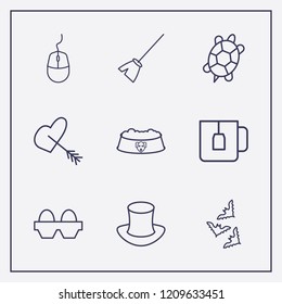 Outline 9 animal icon set. turtle, teacup, arrow in heart and magic hat vector illustration