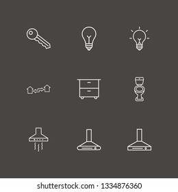 Outline 9 apartment icon set. lamp, kitchen extractor, exchange home and toilet vector illustration