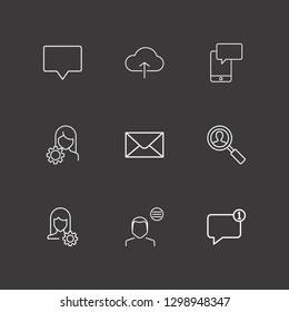 Outline 9 application icon set. upload cloud, smartphone chat, user menu and account settings vector illustration