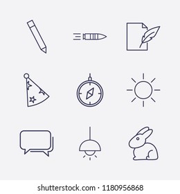 Outline 9 art icon set. compass, carnaval hat, sun, document feather pen, rabbit, chandelier, bubble chat, bullet and pencil vector illustration