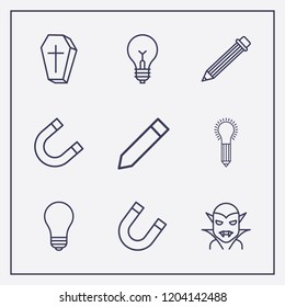 Outline 9 art icon set. idea with pencil, pencil, halloween vampire and lamp vector illustration