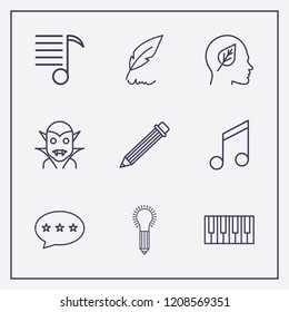 Outline 9 art icon set. head with leaf, bubble chat, idea with pencil and halloween vampire vector illustration