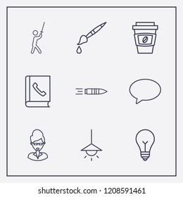 Outline 9 art icon set. bubble chat, brush, chandelier and lamp vector illustration