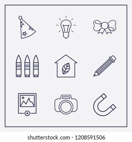 Outline 9 art icon set. pencil, photo camera, carnaval hat and picture vector illustration