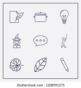 Outline 9 art icon set. leaf, samurai, bubble chat and document feather pen vector illustration