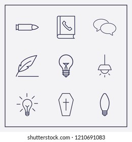 Outline 9 art icon set. telephone book, lamp, halloween coffin and bubble chat vector illustration