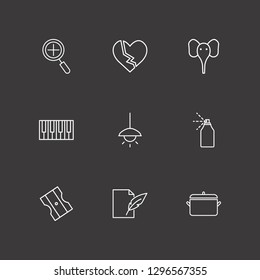 Outline 9 art icon set. spray, zoom, broken heart and elephant vector illustration