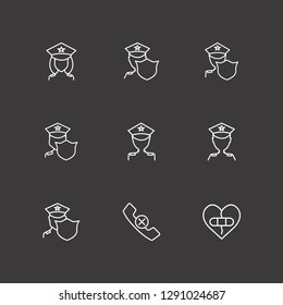 Outline 9 assistance icon set. handset remove, broken heart with plaster and police vector illustration